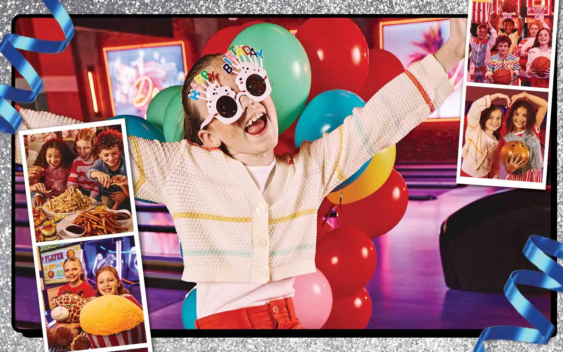 Kids birthday party with bowling, arcade games, and food.