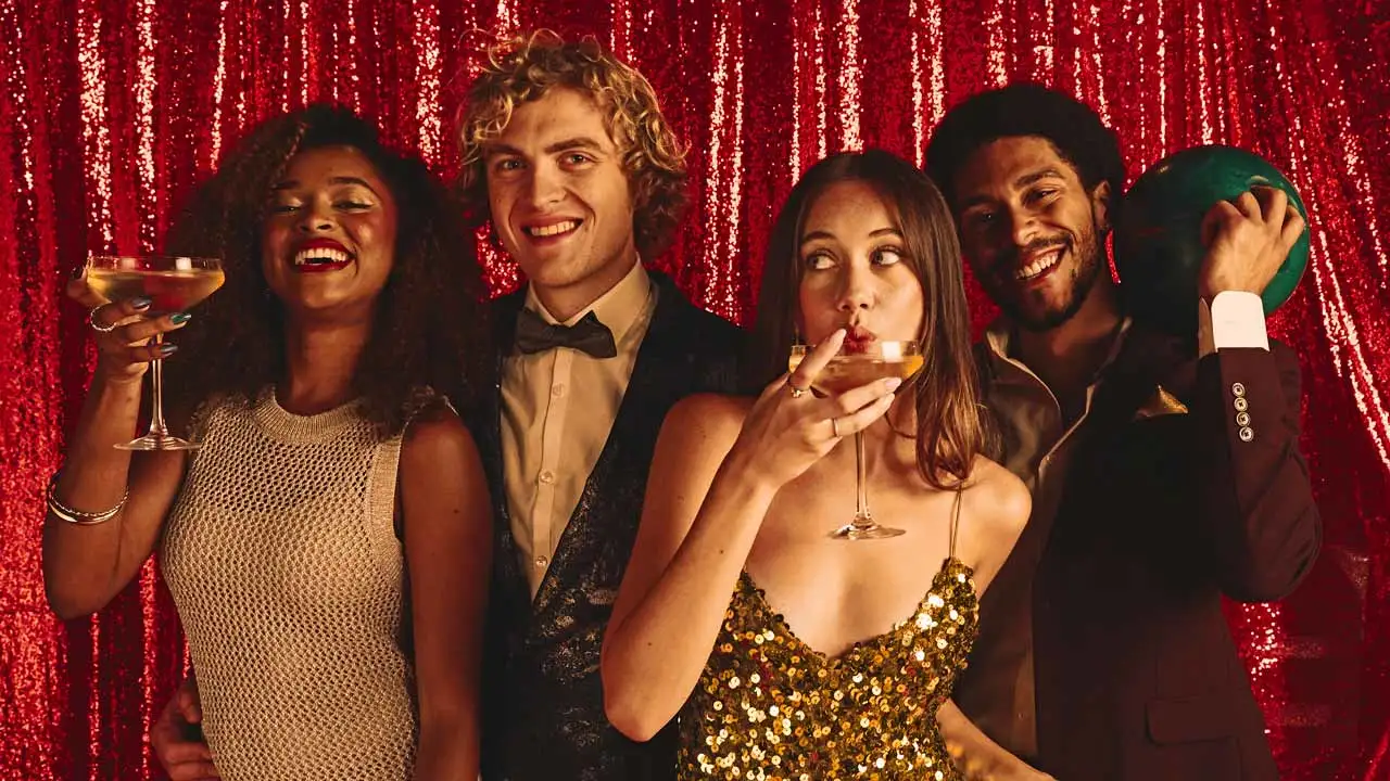 Friends celebrating at a Lucky Strike holiday party, holding cocktails and posing in front of a shimmering red sequin backdrop.