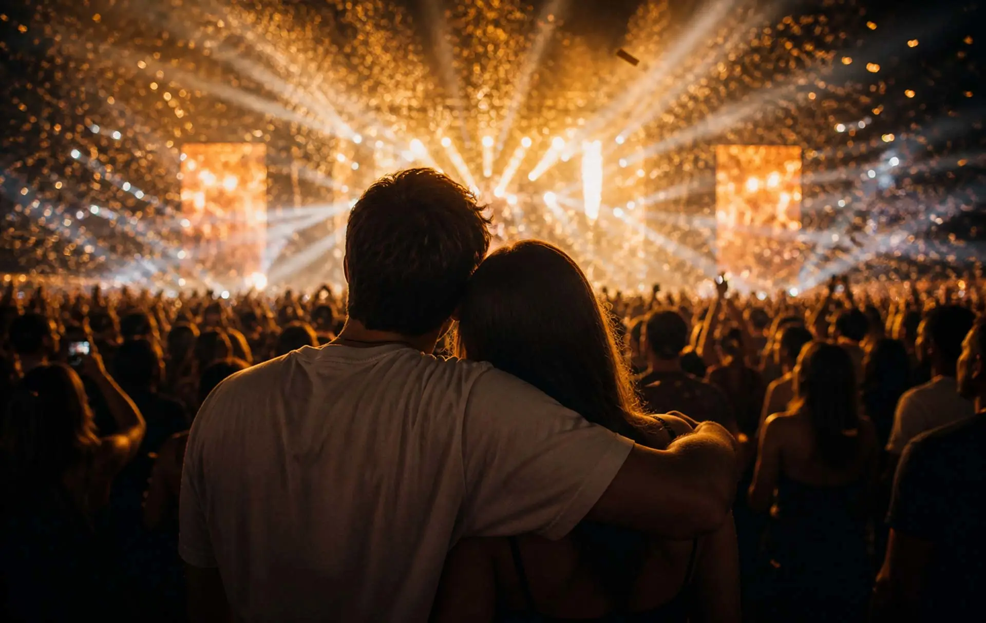 Two women with arms raised at a live concert, facing a brightly lit stage with LED screens and a cheering crowd at a sold-out concert.