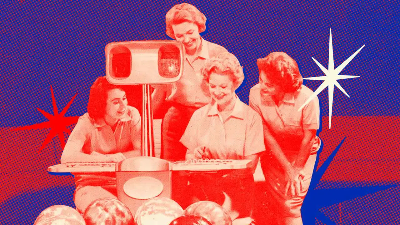 Vintage-style photo of women keeping score at a bowling center with retro starburst graphics in AMF red and blue.