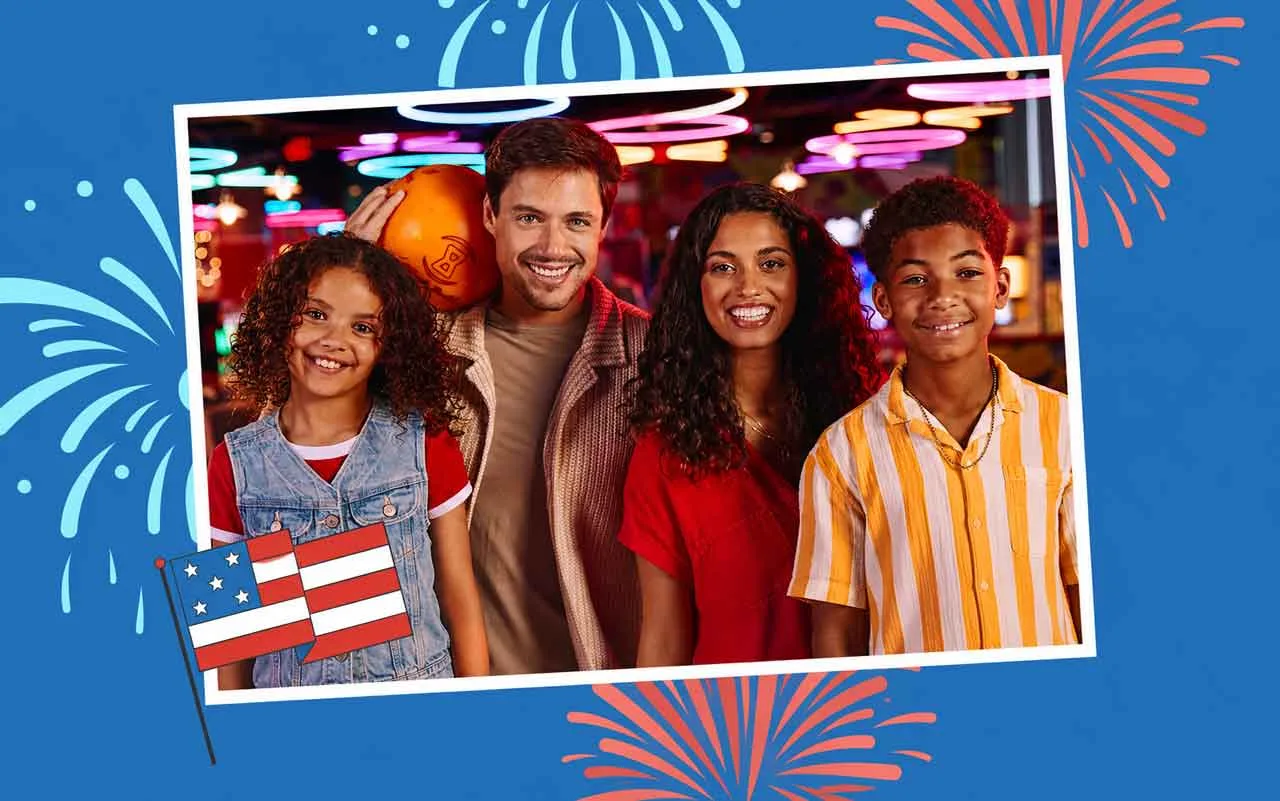 Smiling family posing at a bowling alley during a Fourth of July celebration, surrounded by patriotic fireworks graphics and an American flag illustration on a festive blue background.