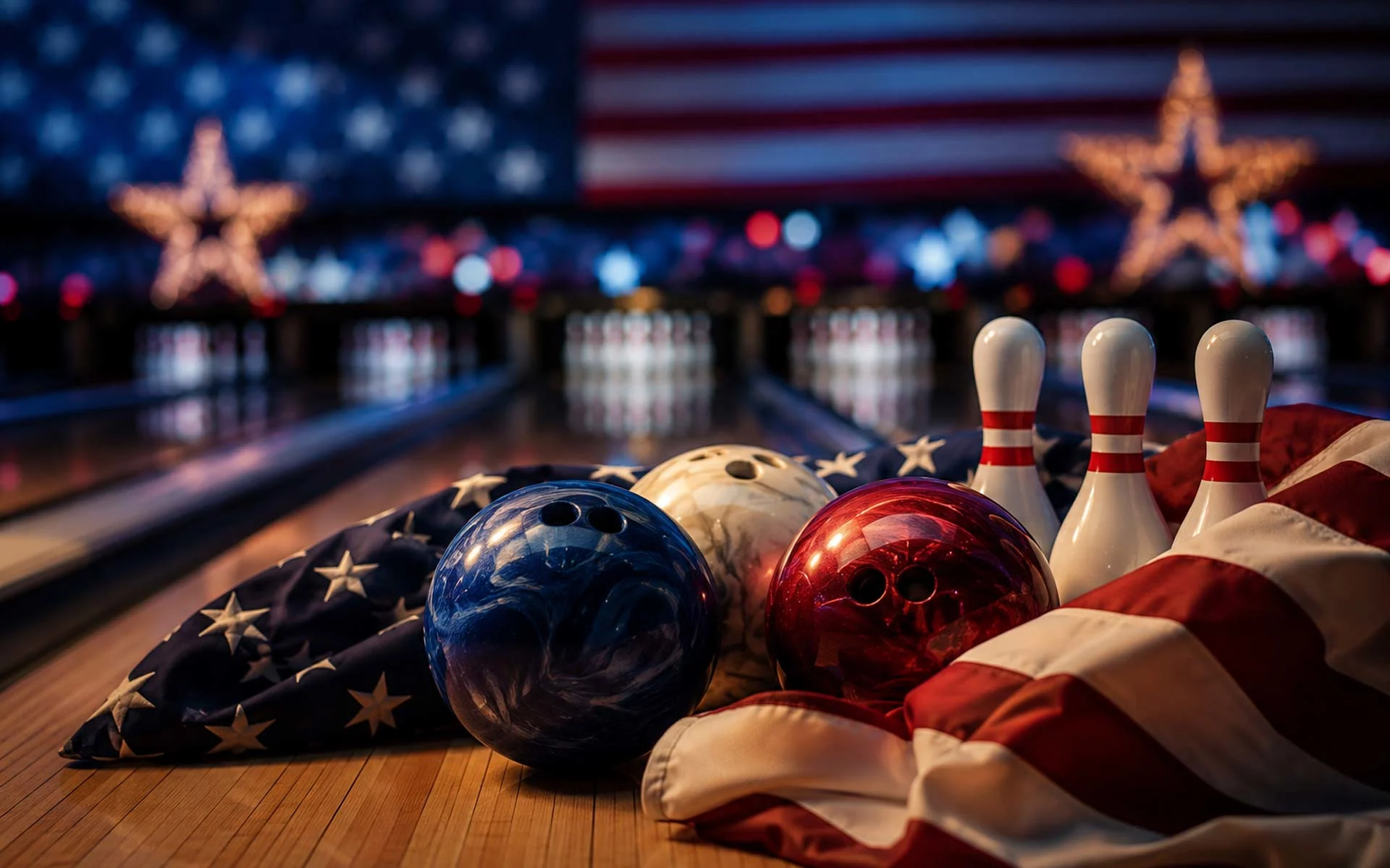 Patriotic Memorial Day bowling scene with red, white, and blue bowling balls, striped pins, and American flag accents on polished lanes in a cinematic entertainment venue setting.