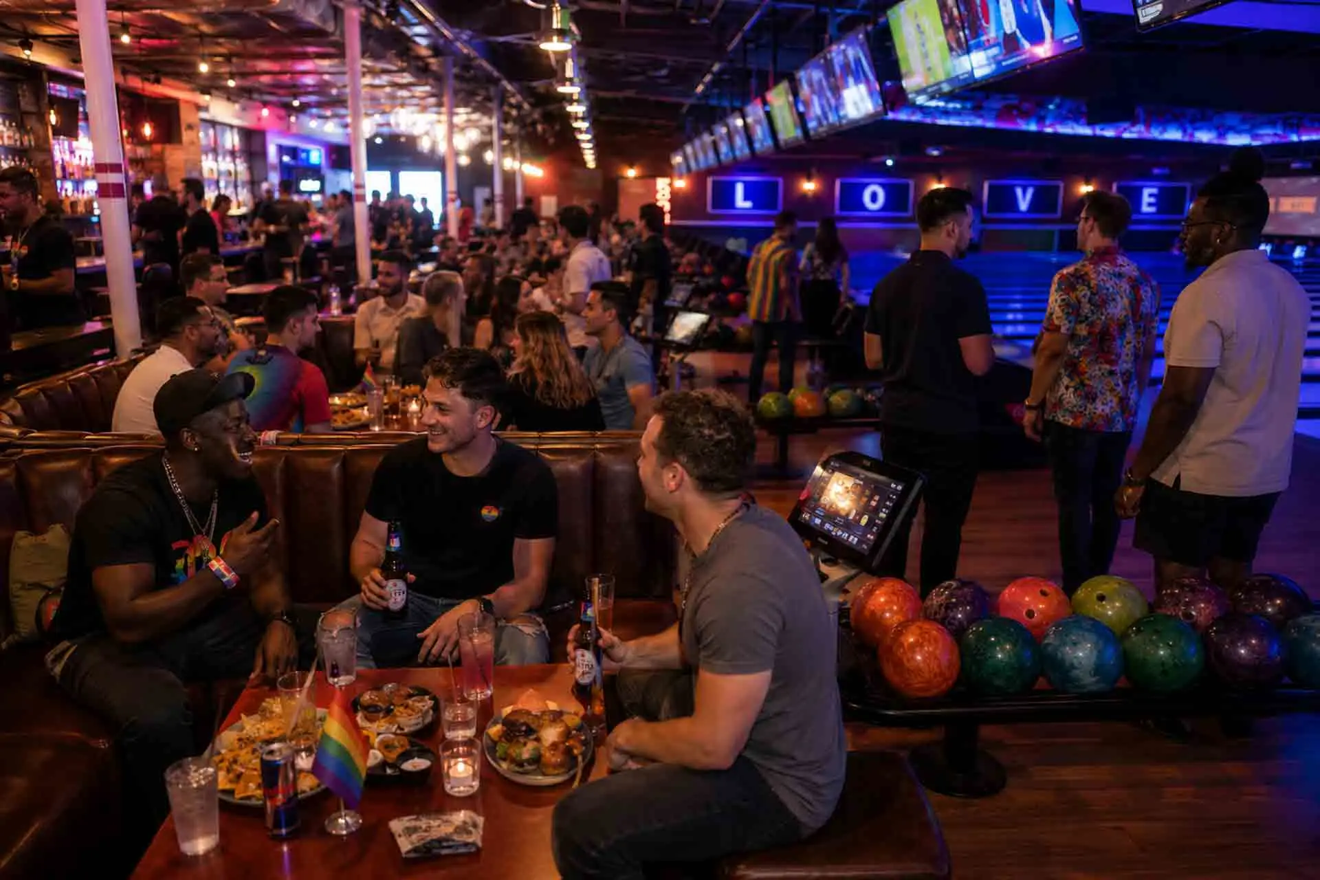 Friends celebrating Atlanta Pride Month at Lucky Strike Atlantic Station, enjoying bowling, cocktails, food, and nightlife.