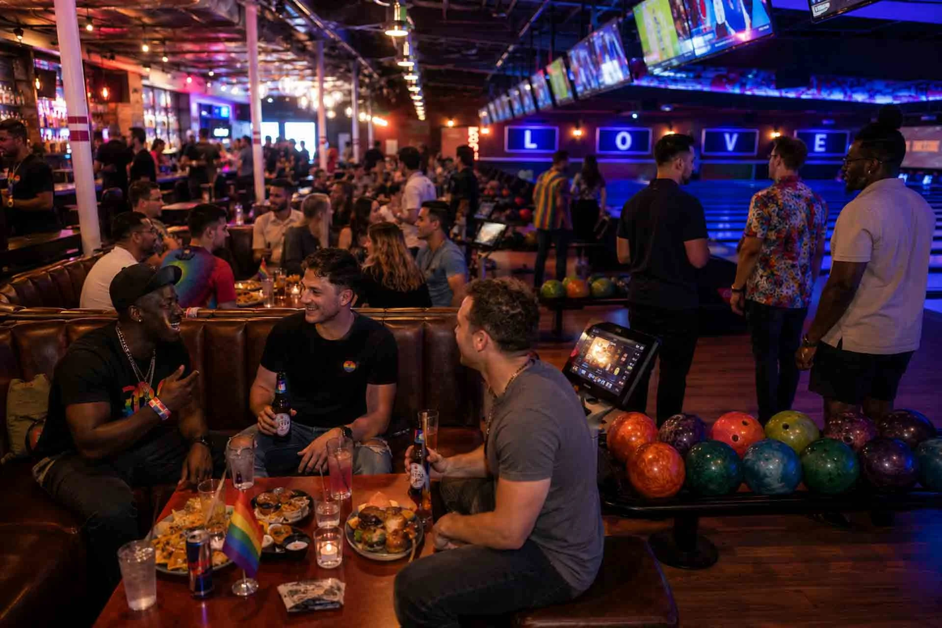 Friends celebrating Atlanta Pride Month at Lucky Strike Atlantic Station, enjoying bowling, cocktails, food, and nightlife.
