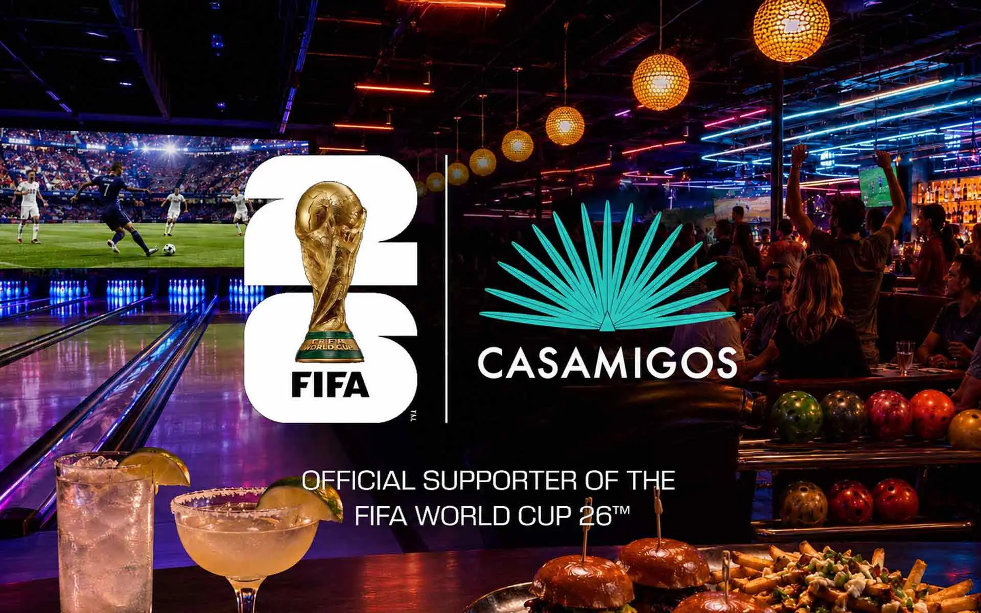 Lucky Strike bowling lounge transformed into a soccer watch party with Casamigos cocktails, food, glowing lanes, and fans cheering.