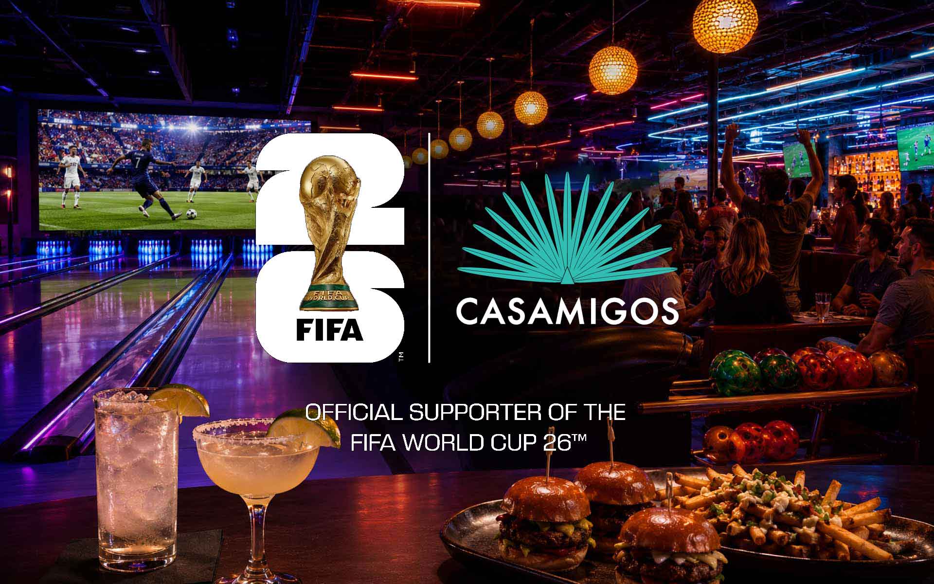 Lucky Strike bowling lounge transformed into a soccer watch party with Casamigos cocktails, food, glowing lanes, and fans cheering.