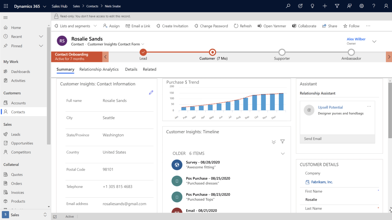 Image showing dynamics 365 customer contacts view with analytics