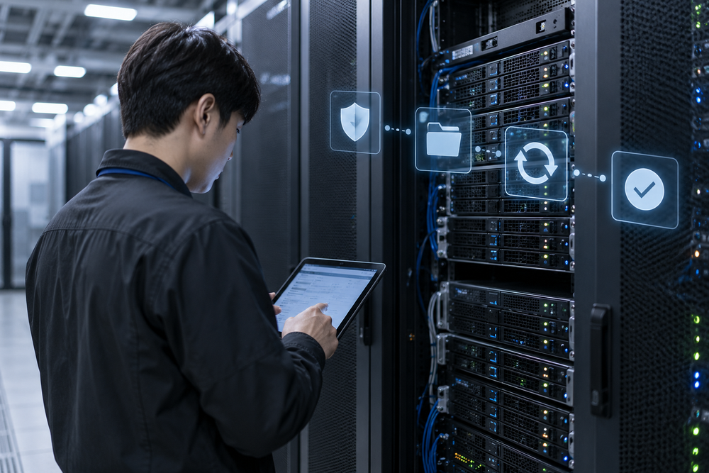 Self-Managed GitLab 서버와 보안 패치 적용 상태를 점검하는 데이터센터 운영 장면