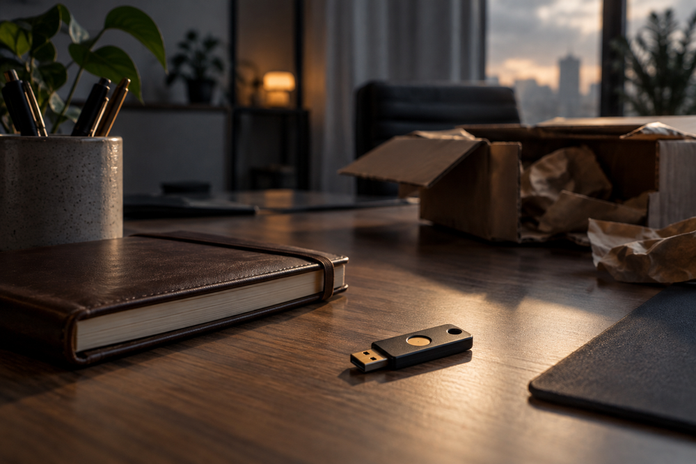 책상 위 수첩 옆에 놓인 USB 보안 키의 모습