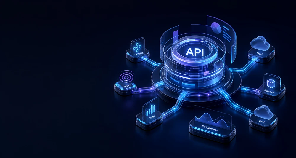 API를 중심으로 클라우드, SaaS, 서비스가 연결된 API 아키텍처 3D 일러스트