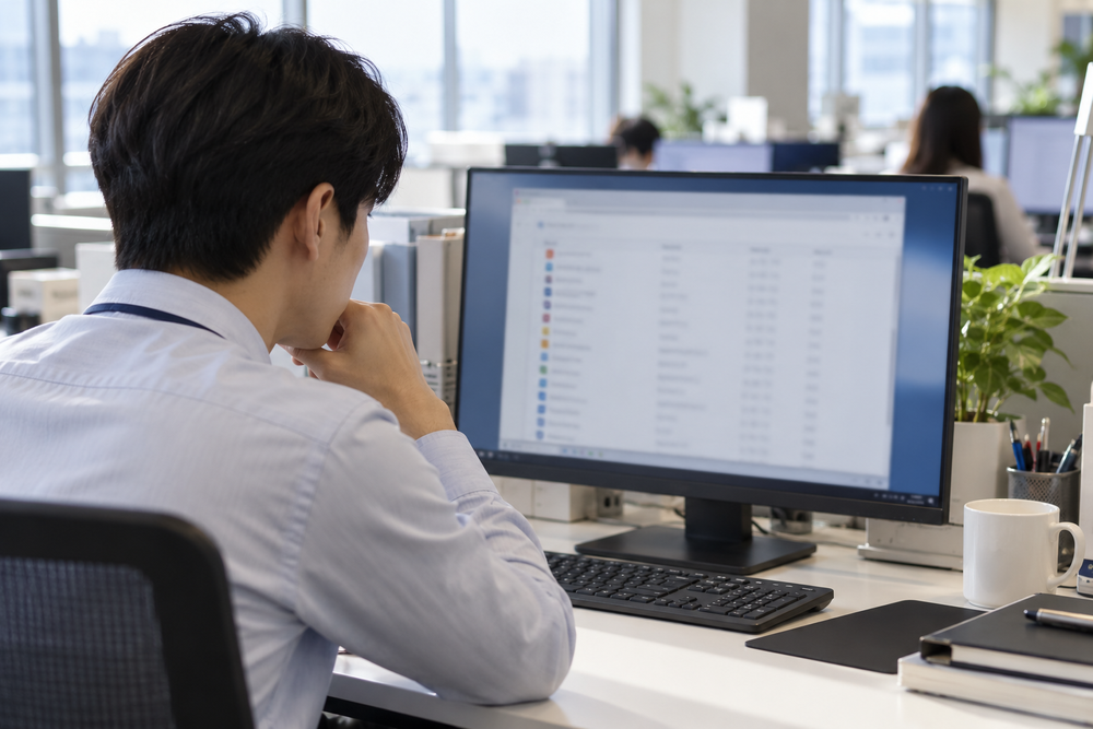 KISA 보안공지를 확인하며 업무용 PC의 소프트웨어 목록을 살펴보는 사무실 직원