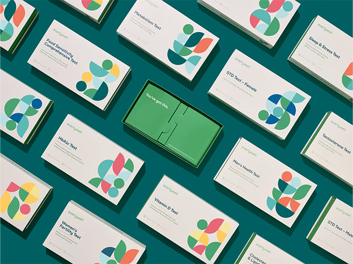 Many Everlywell at-home test kits arranged in rows