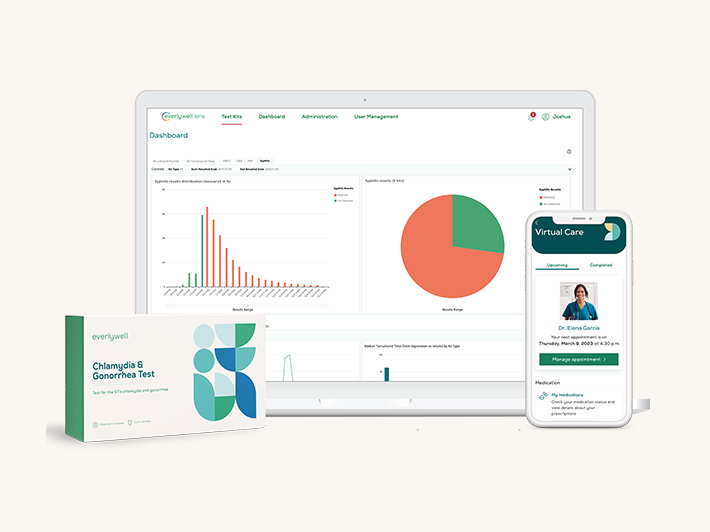 Laptop with charts next to Everlywell at-home STI kit and iPhone showing telehealth appointment