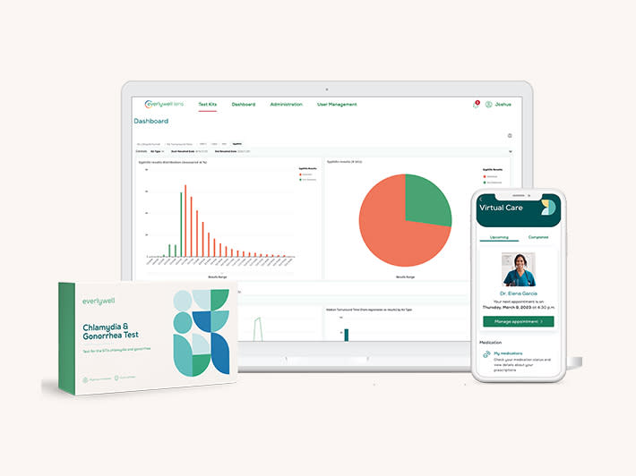 Laptop with charts next to Everlywell at-home STI kit and iPhone showing telehealth appointment