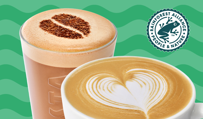 Costa Coffee Flat White and Hot Chocolate with Rainforest Alliance logo