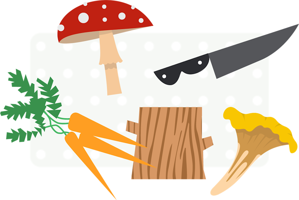 Illustrations of foraged produce including mushrooms and carrots on a cutting board with a knife.
