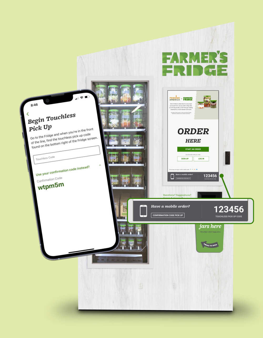A Farmer's Fridge next to a phone showing the FF app.