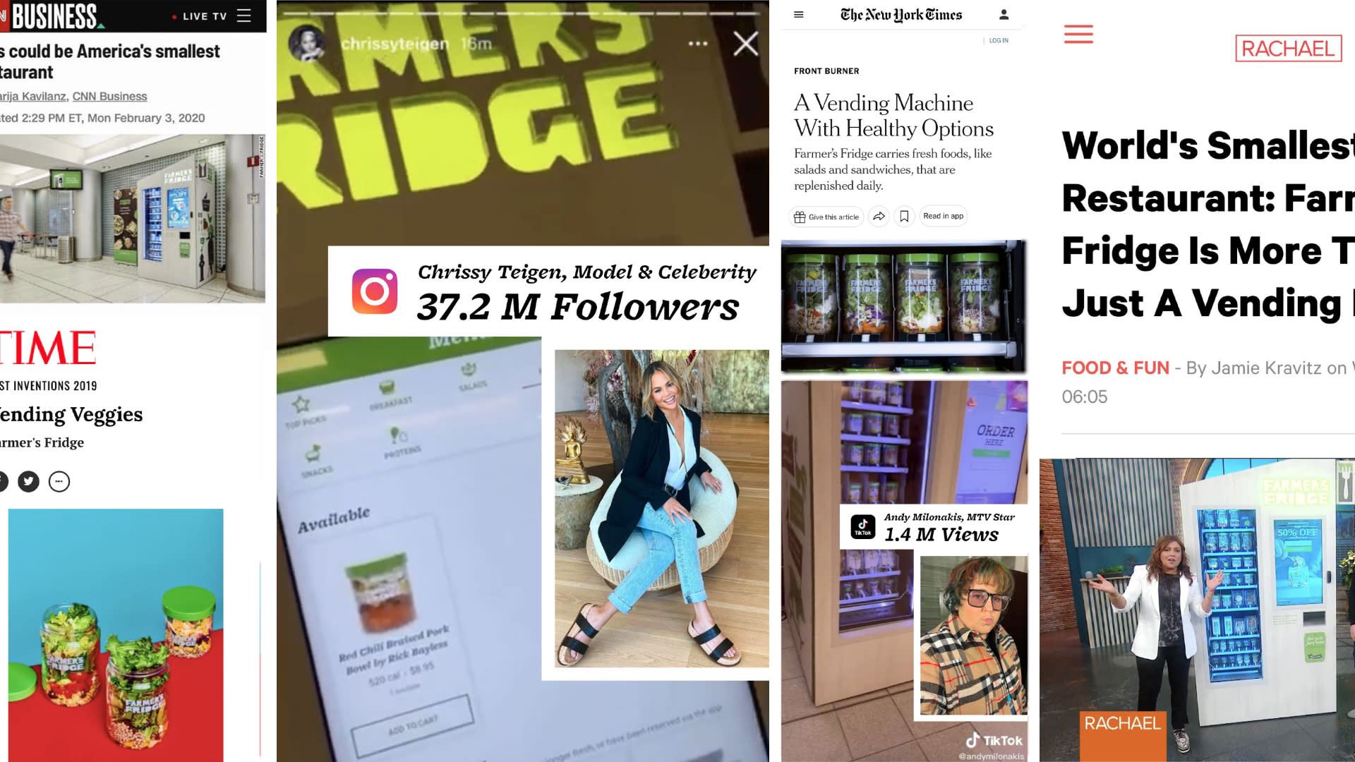 Collage of press hits including a screenshot of Chrissy Teigen's Instagram story at the Fridge.