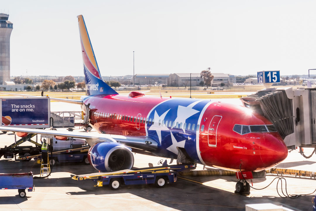 A plane painted with the Texas flag at Austin Airport