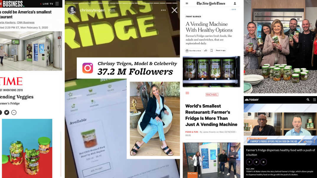collage of news articles and social posts about Farmer's Fridge