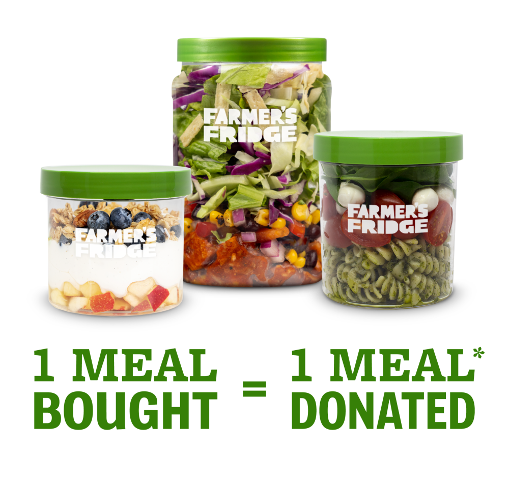 Image of armer's Fridge jars with the words 1 Meal Bought = 1 Meal Donated overlayed.