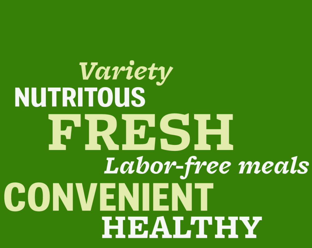 Word cloud with the words fresh, convenient, labor-free, nutritious, variety and healthy