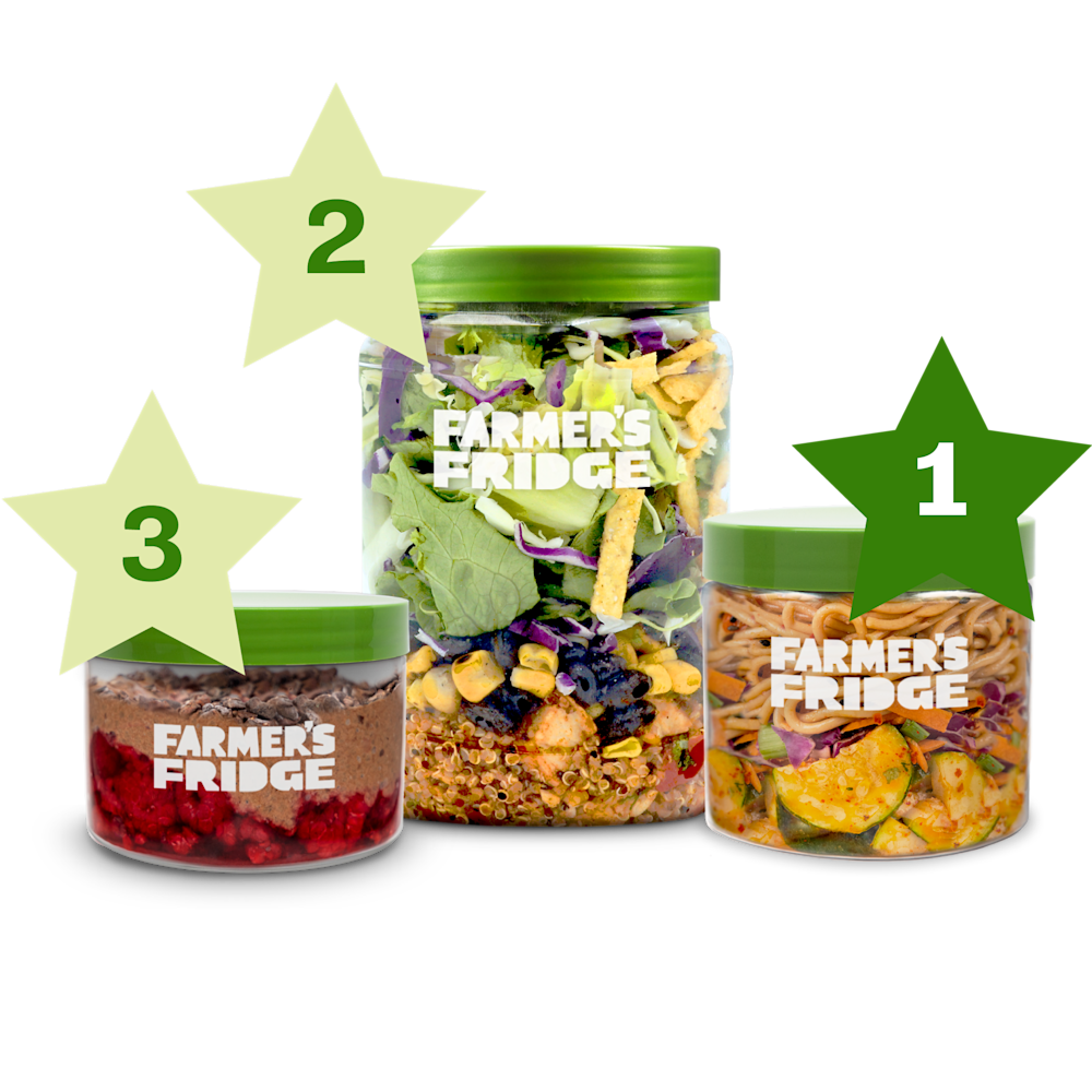 Image of the favorite menu items at Boston Medical Center including Chocolate Chia Pudding, Southwest Salad, and the Thai Noodle Bowl.