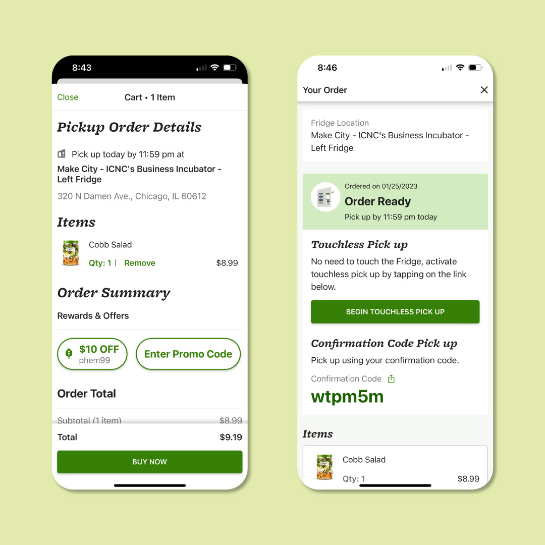 Two phone screens depicting how to check out in the app. 