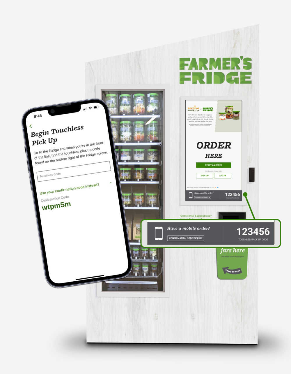 Render of a Farmers Fridge, With a highlighted image of the section if the fridge that depicts the mobile order pick-up number. 