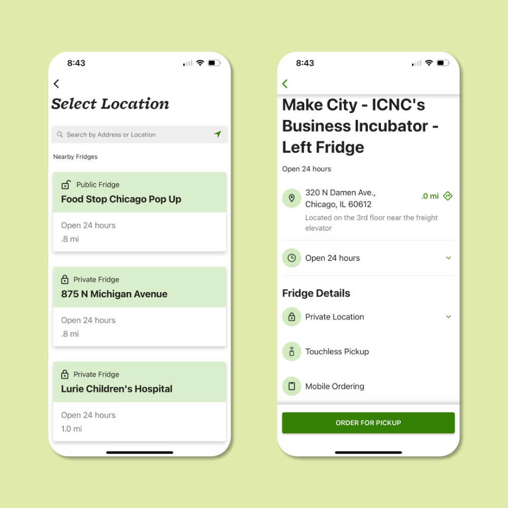 Two phone screens depicting how to find a fridge location in the app.