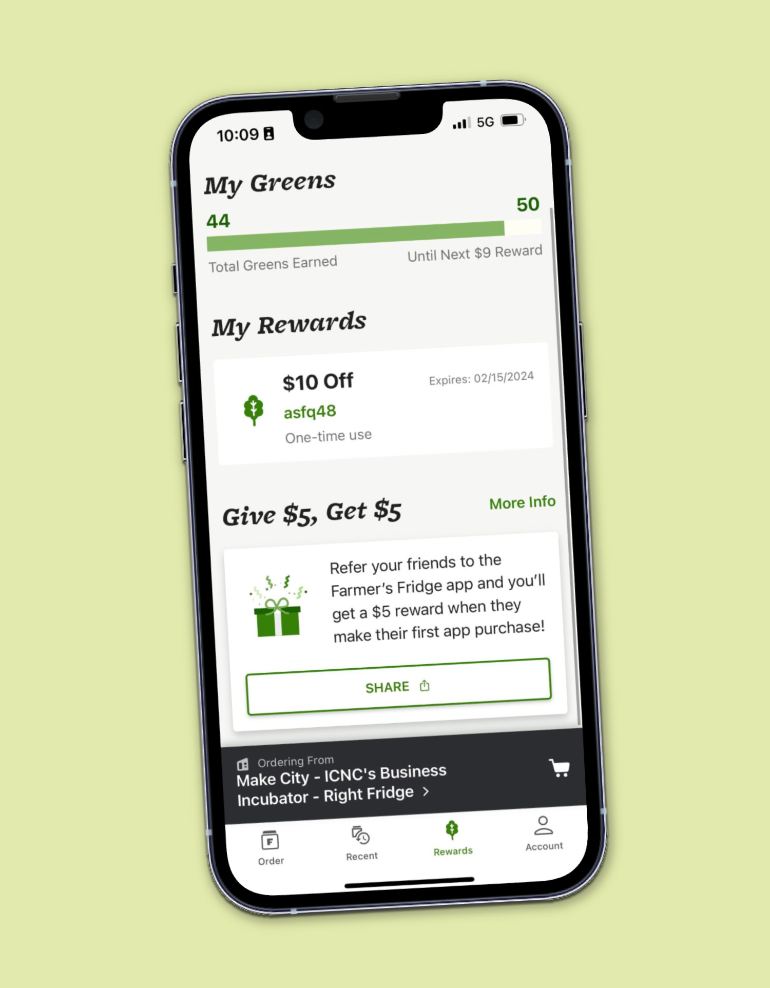 A phone screen showing the rewards screen the app.