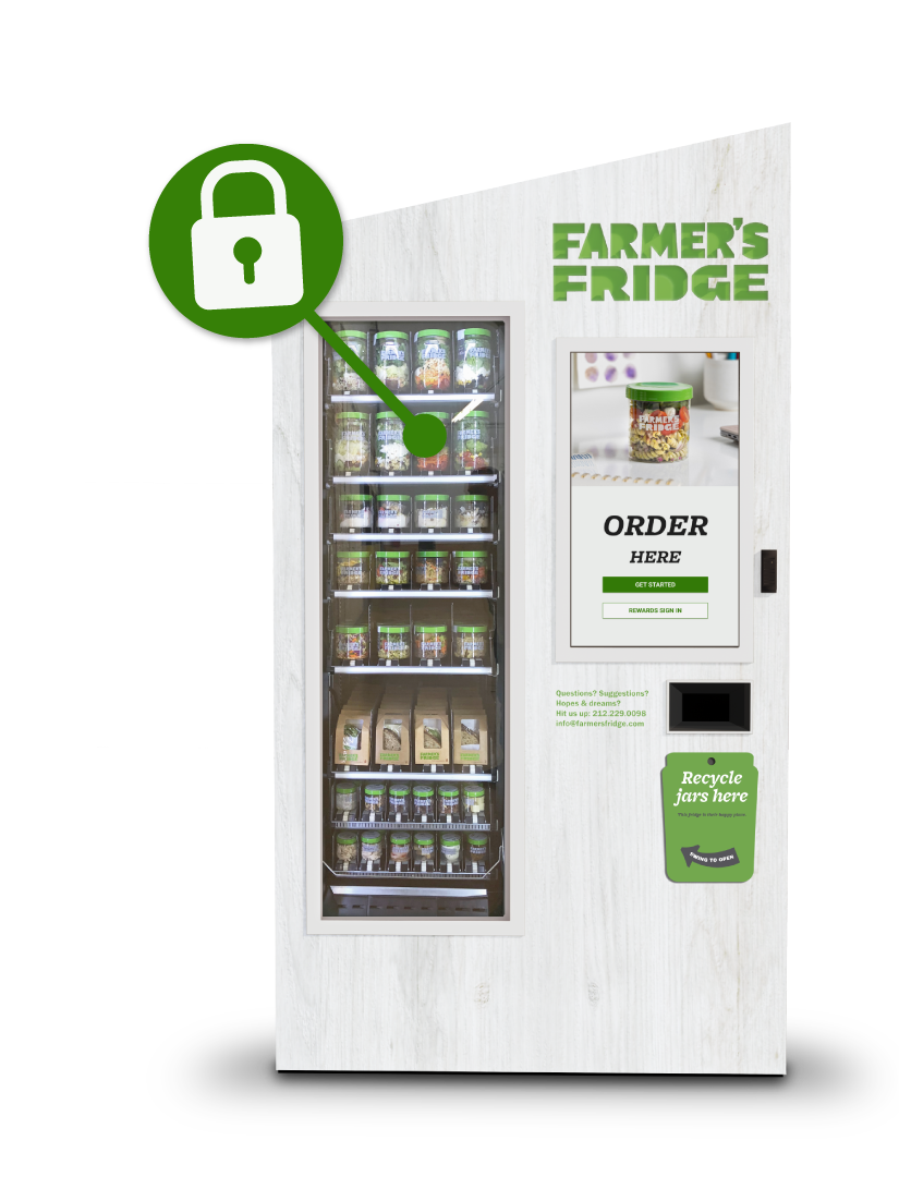 A Farmer's Fridge with a lock icon signifying that our food won't vend past a designated date. 