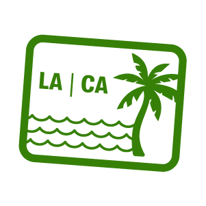 Illustrated icon with palm tree and water representing Los Angeles, California