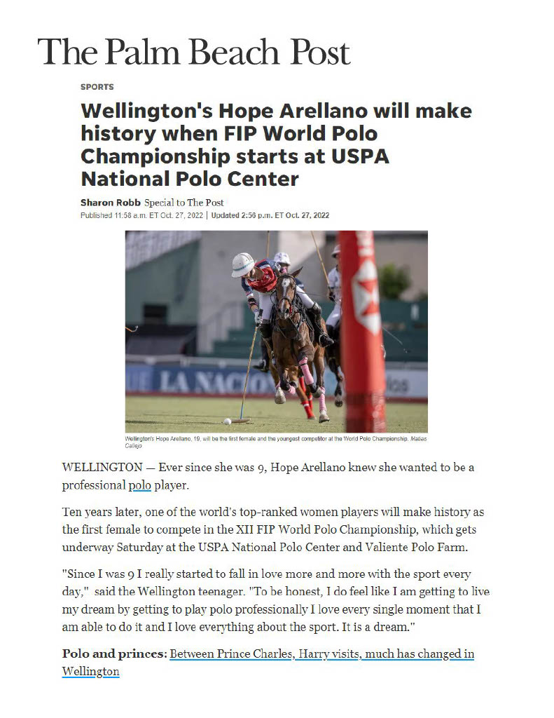 Palm Beach Post: Wellington's Hope Arellano will make history when FIP  World Polo Championship starts at USPA National Polo Center