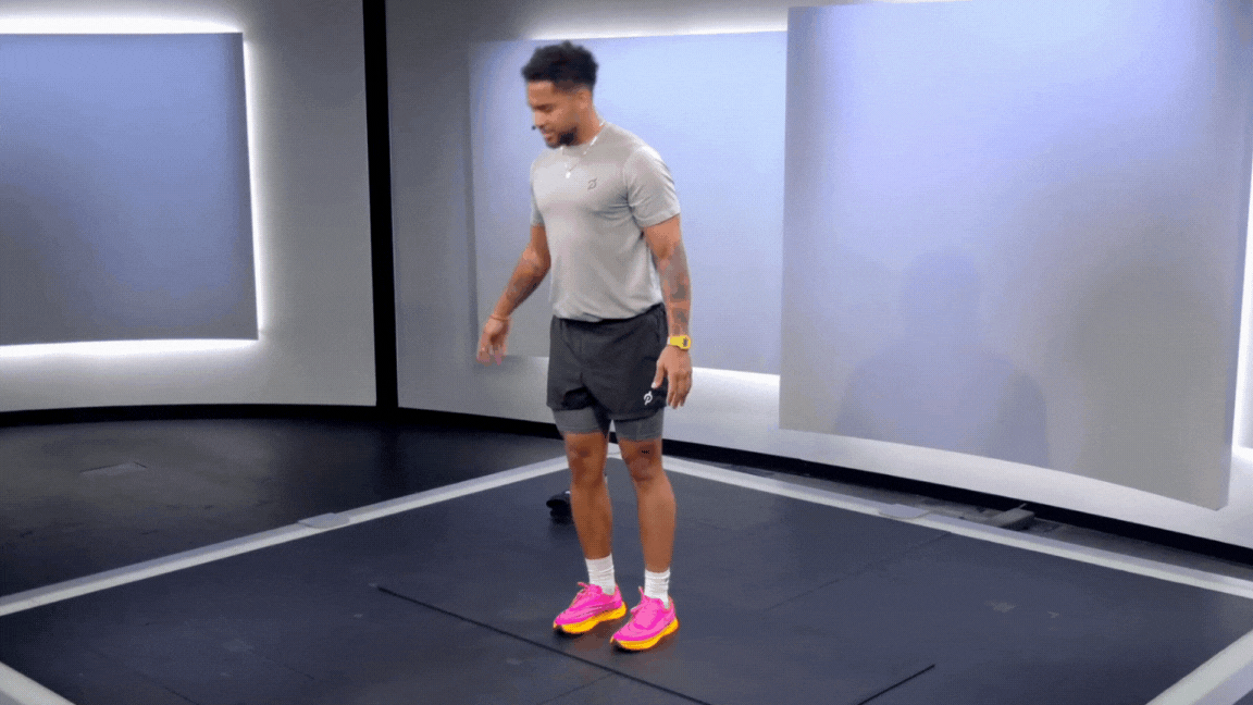 Peloton instructor Rad Lopez demonstrating a bodyweight single leg deadlift