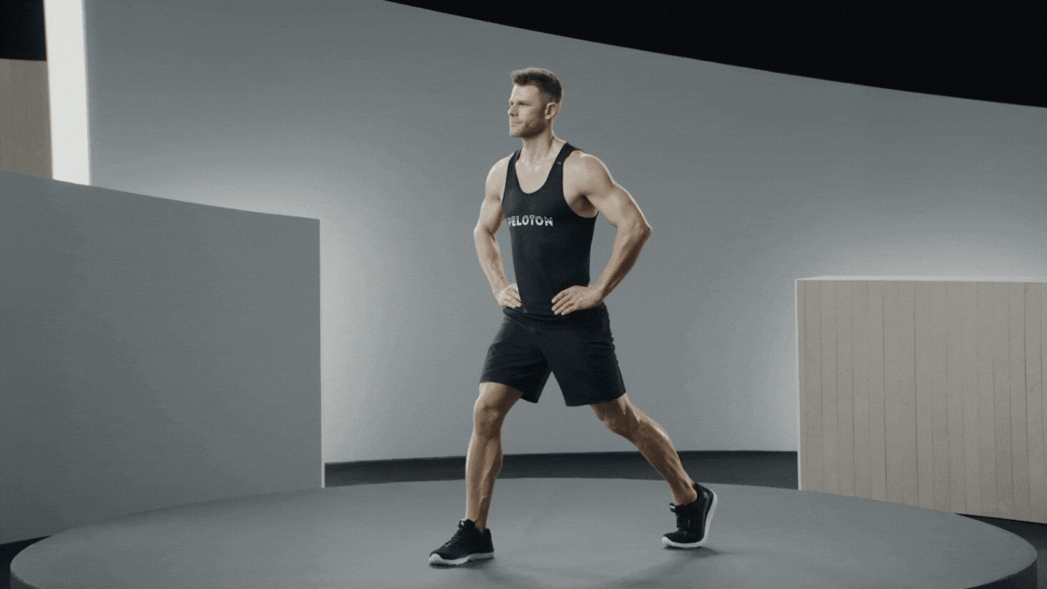 Peloton instructor Andy Speer demonstrates a split squat with proper form