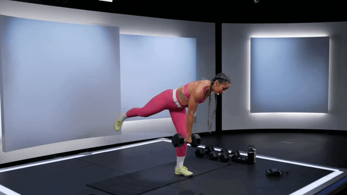 Peloton instructor Robin Arzón demonstrates a single-led deadlift with proper form as a strength exercise for pickleball.