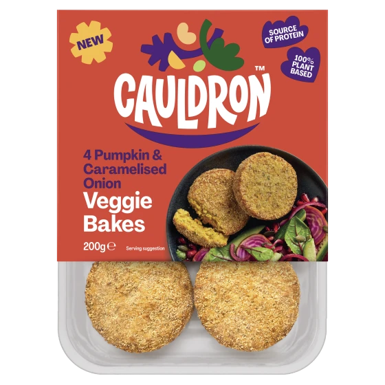 Cauldron Pumpkin and Caramelised Onion veggie bake packaging with a see-through section to display the veggie bake 