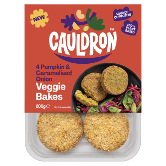 Cauldron Pumpkin and Caramelised Onion veggie bake packaging with a see-through section to display the veggie bake 