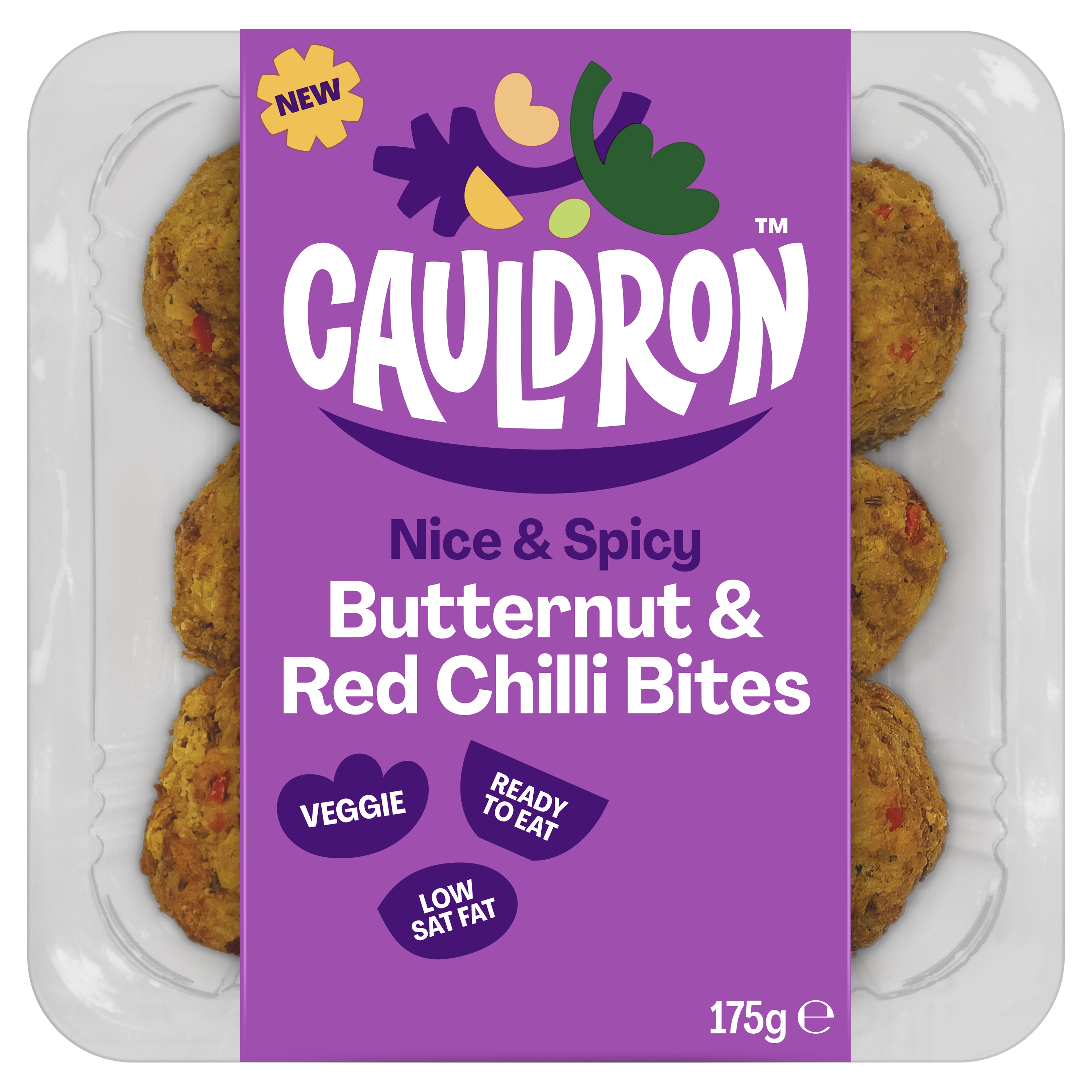 Cauldron Butternut & Red Chilli Bites in white packaging with a purple sleeve featuring the Cauldron logo and packaging weight. Six butternut squash bites can be seen behind the packaging sleeve. 