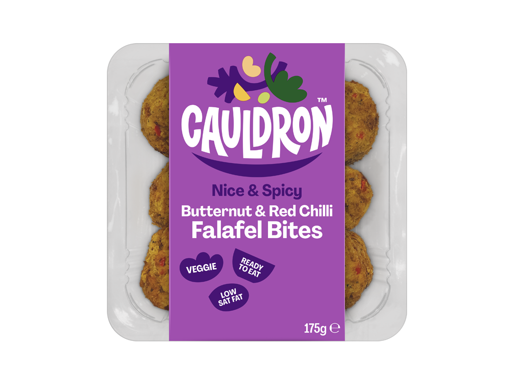 Cauldron Butternut & Red Chilli Bites in white packaging with a purple sleeve featuring the Cauldron logo and packaging weight. Six butternut squash bites can be seen behind the packaging sleeve. 