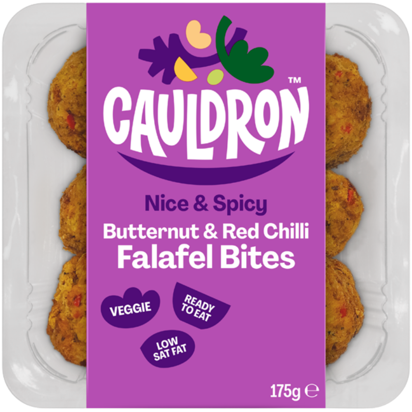Cauldron Butternut & Red Chilli Bites in white packaging with a purple sleeve featuring the Cauldron logo and packaging weight. Six butternut squash bites can be seen behind the packaging sleeve. 