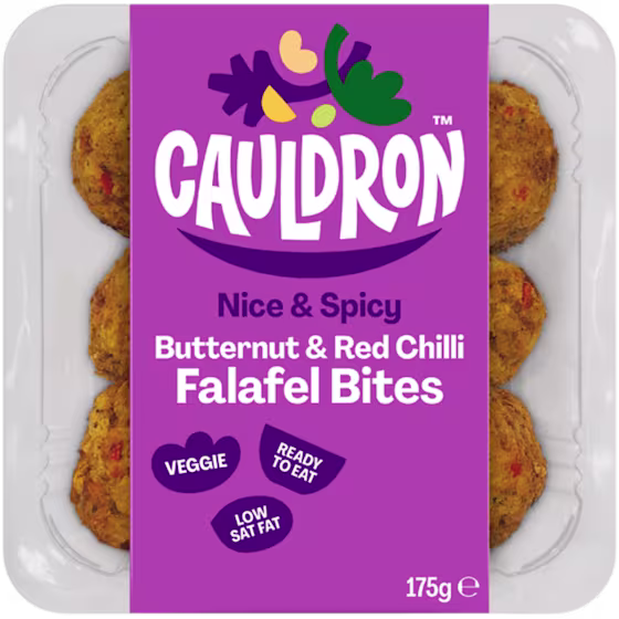 Cauldron Butternut & Red Chilli Bites in white packaging with a purple sleeve featuring the Cauldron logo and packaging weight. Six butternut squash bites can be seen behind the packaging sleeve. 