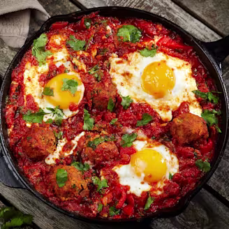 Black skillet with shakshuka, red diced tomatoes, three fried eggs and topped with green garnish.