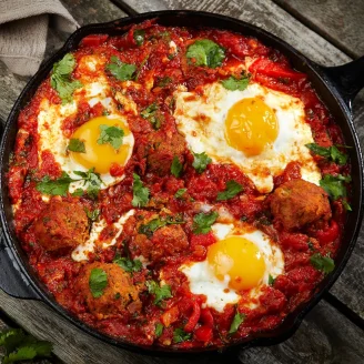 Black skillet with shakshuka, red diced tomatoes, three fried eggs and topped with green garnish.