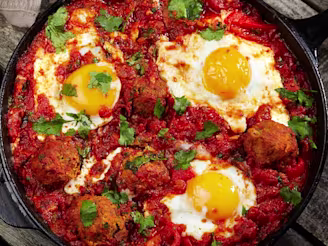 Black skillet with shakshuka, red diced tomatoes, three fried eggs and topped with green garnish.