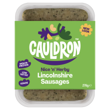 Cauldron Lincolnshire Sausages with see-through packaging to showcase the sausages 