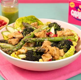 Tofu Cruton Salad served in a white bowl 