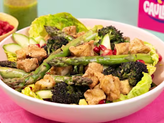 Tofu Cruton Salad served in a white bowl