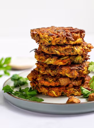 A stack of six tofu vegetable fritters served with coriander on the side